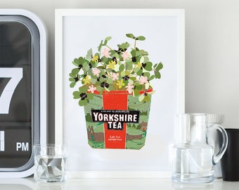 Yorkshire Tea Iconic Tin with Flowers Illustration Giclee Art print | Kitchen Wall Art | A4 | FREE TEA BAG with every order !!