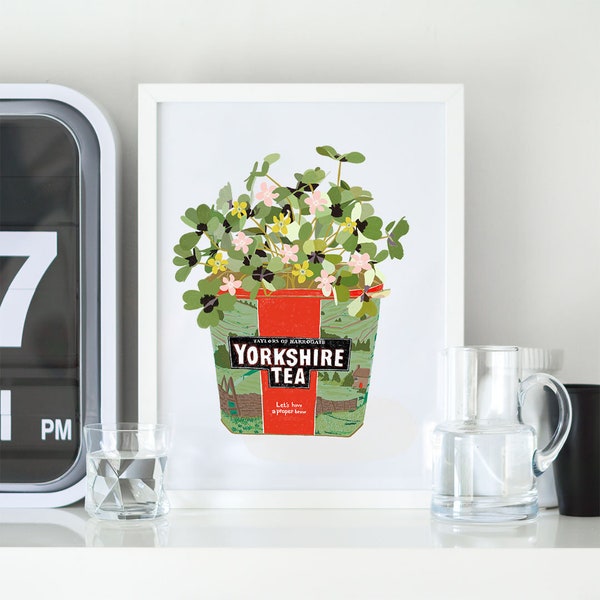 Yorkshire Tea Iconic Tin with Flowers Illustration Giclee Art print | Kitchen Wall Art | A4 | FREE TEA BAG with every order !!