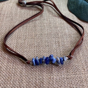 Leather necklace cord, lanyard necklace, leather necklace for women, gift for mom necklace, healing stone sodalite, cowgirl jewelry, retro