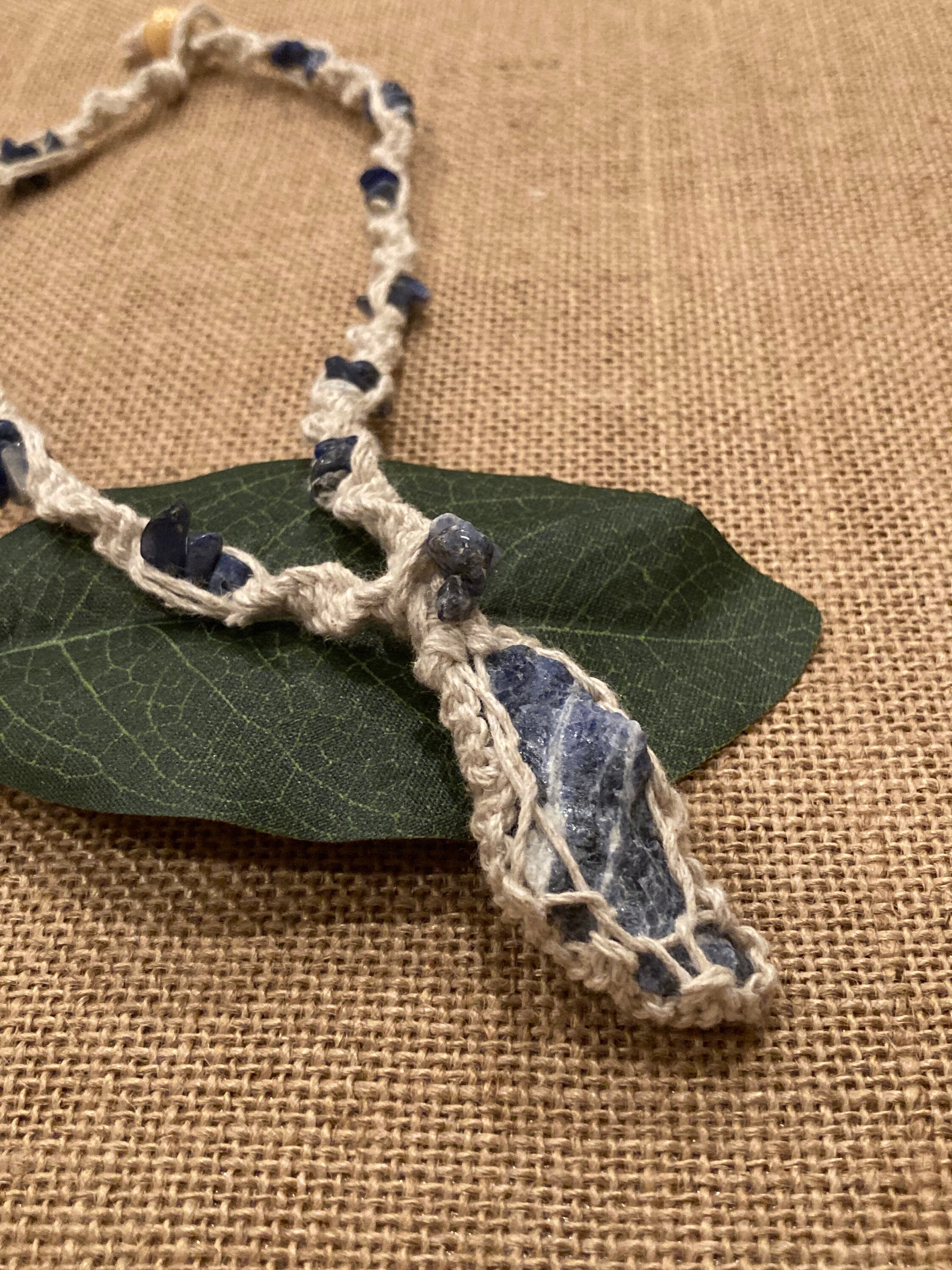 Macrame Hemp Sodalite Pendant Necklace, Boho Healing Stone Jewelry
