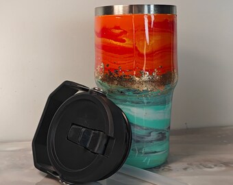 dubbelwandige rvs thermos beker, oranje met teal