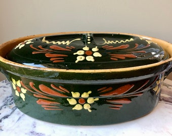 Primitive Antique Ceramic Dish French Casserole Dish Large Antique French Terrine Glazed Terracotta Oven Dish Antique Lidded Oven Dish