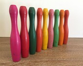 9 Miniature Wood Bowling Pins 6.5 quot Child Sized Bowling Pins or Skittles Pins Crafting Art Supplies Vintage Toy