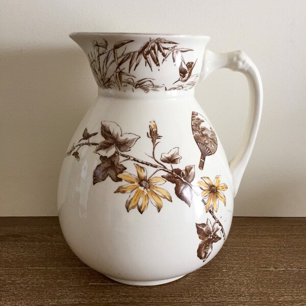 Antique William Brownfield Earthenware Wash Pitcher; Cape Ivy Pattern Earthenware Bath Wash Jug; Antique English Water Pitcher
