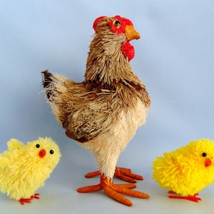 3 Vintage German Easter Display Ornaments Hen With 2 Chicks