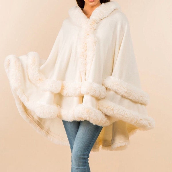 Faux Fur cape with hood; 3 color options; faux fur wrap, hooded cape w/faux fur trim,  black, ivory