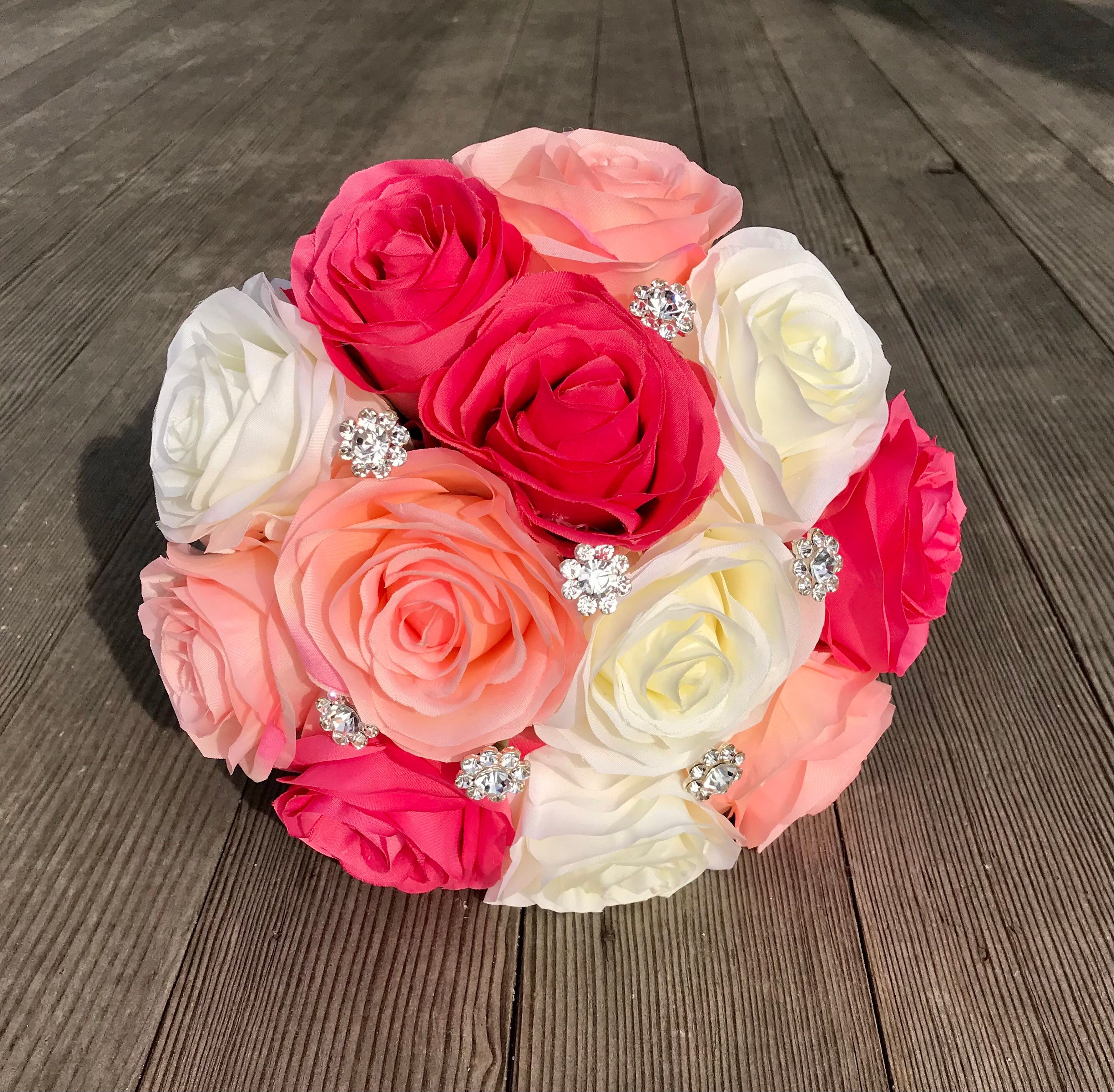 Tricolor bouquet pink silk flowers with sparkling brooches Etsy