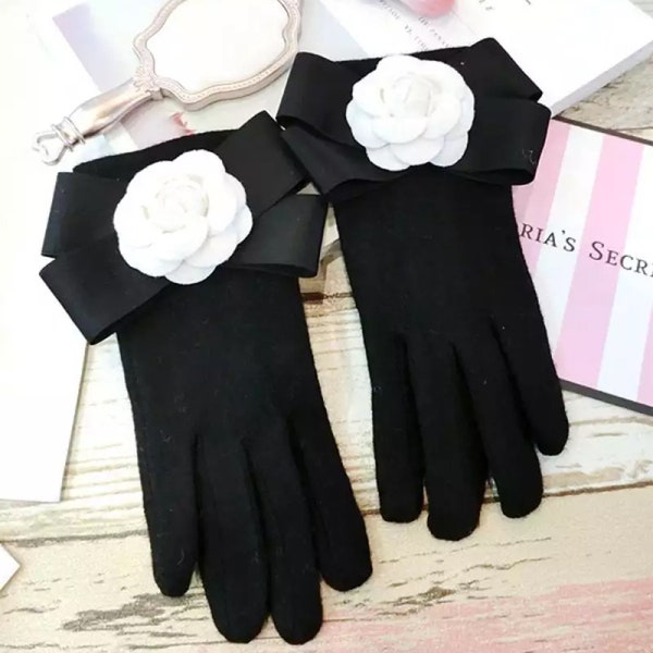 Ladies high fashion gloves, black cashmere gloves, camellia flower trimmed glove, Winter gloves.