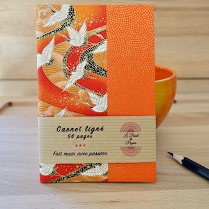Quaderno tascabile in carta giapponese con gru arancione, quaderno A6 ruggine e oro, piccola idea regalo di Natale, cancelleria fatta a mano Francia, diario di viaggio