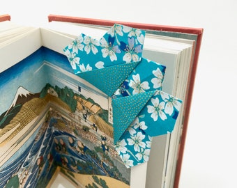Turquoise blue origami butterfly, Japanese paper bookmark, useful and poetic Christmas gift, Japan gift idea, sakura flower