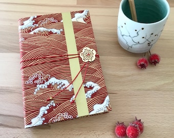 Handmade notebook, secret diary, rust and gold diary, Hokusai-style Japanese paper, Christmas gift idea, French binding