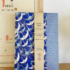A5 notebook with blue Japanese cranes, lined or blank notebook, Japanese washi paper diary, men&#39;s gratitude book, hand-bound