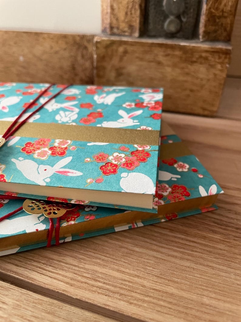Secret Notebook in Blue Japanese Paper, Turquoise Kawaii Rabbits ...