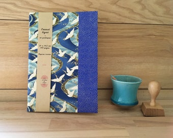 A5 notebook with blue Japanese cranes, lined or blank notebook, Japanese washi paper diary, men's gratitude book, hand-bound