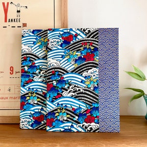 A5 blue gold notebook Japanese tattoo, lined or blank notebook, Japanese washi paper diary, gratitude book, artisanal binding
