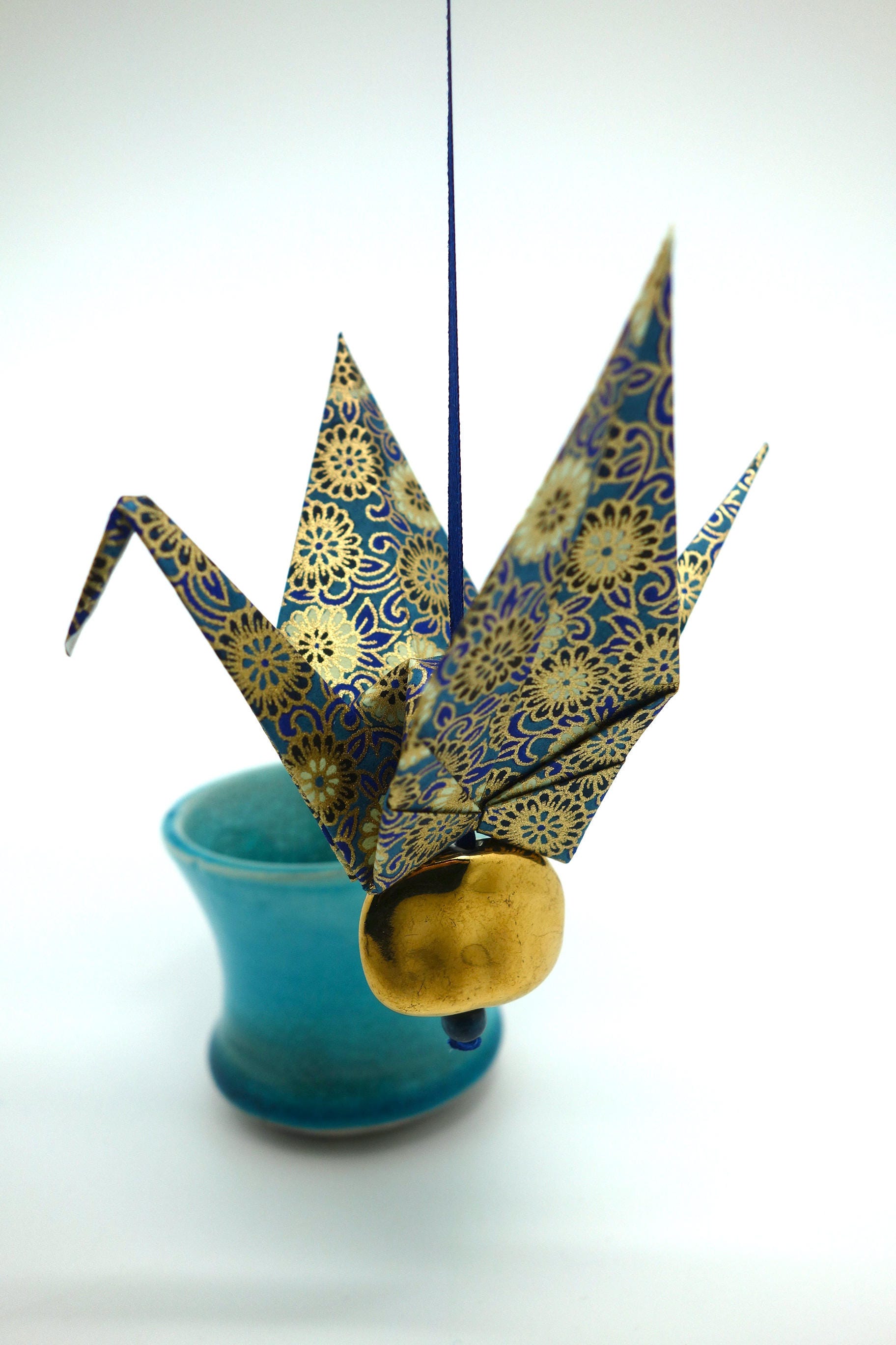 Oiseau Porte-Bonheur avec Message Personnalisé, Grue Origami en Papier Japonais Bleu et Or, Perle Cé