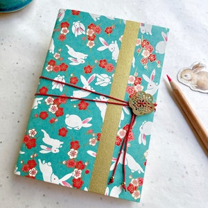 Geheimes Notizbuch aus blauem Japanpapier, türkisfarbene Kawaii-Kaninchen, vergoldetes Notizbuch mit Zen-Verschluss, Reisetagebuch Asien Japan