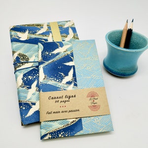 Quaderno tascabile giapponese con gru azzurra, quaderno A6 con tema marino, piccola idea regalo zen, cancelleria fatta a mano Francia, diario di viaggio