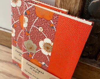 Kleines orangefarbenes Notizbuch aus japanischem Papier, Sakura-Notizbuch A6 in Rost und Gold, Art-Deco-Muster, weiches Notizbuch, Japan-Reisetagebuch