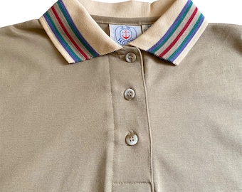Vintage 1980s J.G. Hook Tan Polo w/ Colorful Rainbow Striped Collar Mens M