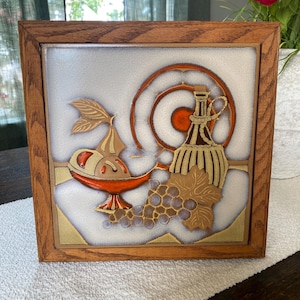 Vintage MCM Wood Framed Italian Tile Trivet Decorative Terracotta Handmade Wine Bottle Made in Italy Pottery