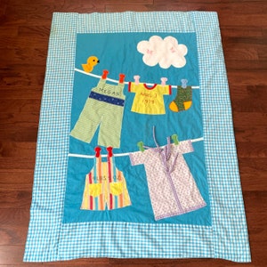 Vintage MCM Handmade Baby Quilt Blanket Plaid Embroidered