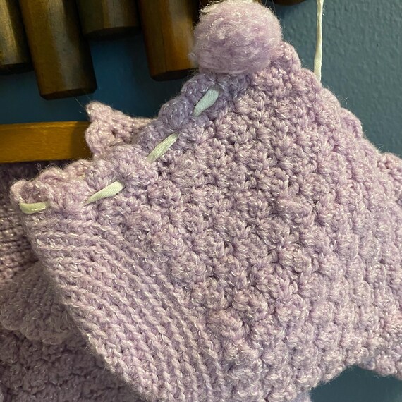 Vintage Hand Knit Crochet Lilac Purple Baby Sweater and Matching Bonnet Set Handknit Baby Sweater and Bonnet View 6