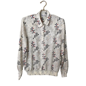 Vintage 80s Alfred Dunner Colorful Loud Geometric Print Polyester Blouse SZ 16