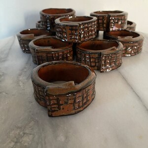 Vintage MCM Brick Design Ceramic Glazed Pottery Folk Art Napkin Rings Set of 12 image 10