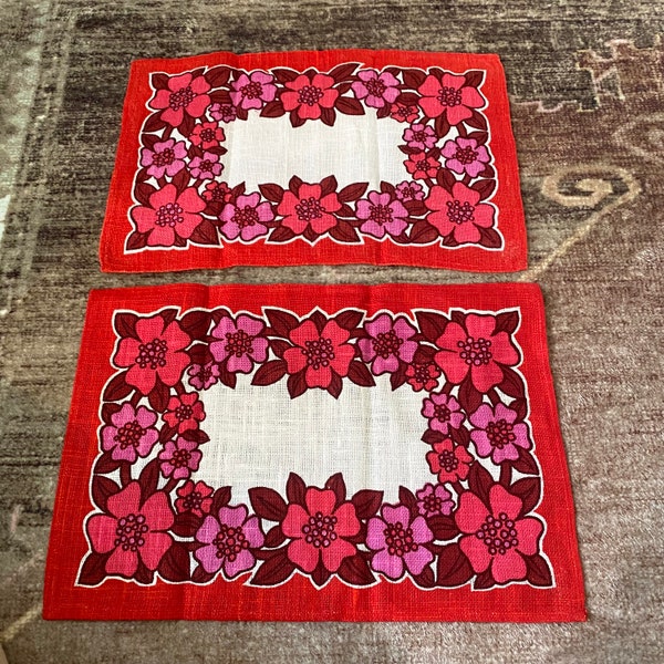 Vintage MCM Linen Placemats Set of 2 Pink Red Hawaiian Flower Floral Tiki