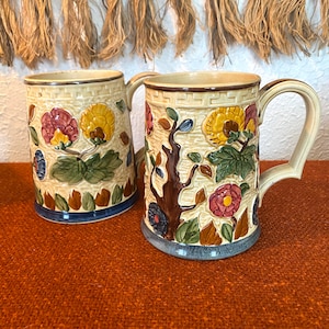 Indian Tree HJ Wood Staffordshire Pottery Grandmug, Pottery Mug Indian Tree Raised Florals Staffordshire England Set of 2 20 oz