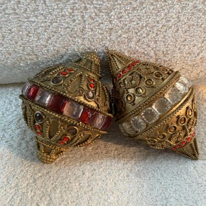 VTG Mid Century Large Gold Ornate Baroque Embellished Christmas Ornaments Set 2 - Huge Jeweled Gold MCM Christmas Ornaments Decor