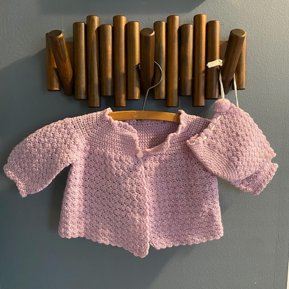 Vintage Hand Knit Crochet Lilac Purple Baby Sweater and Matching Bonnet Set Handknit Baby Sweater and Bonnet
