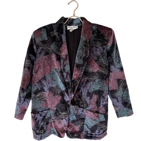 Vintage 90s Velour Velvet Blazer Abstract Print B… - image 1