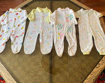 Vintage 80s Baby Girl Footies Pajamas One Piece Rompers Set of 4