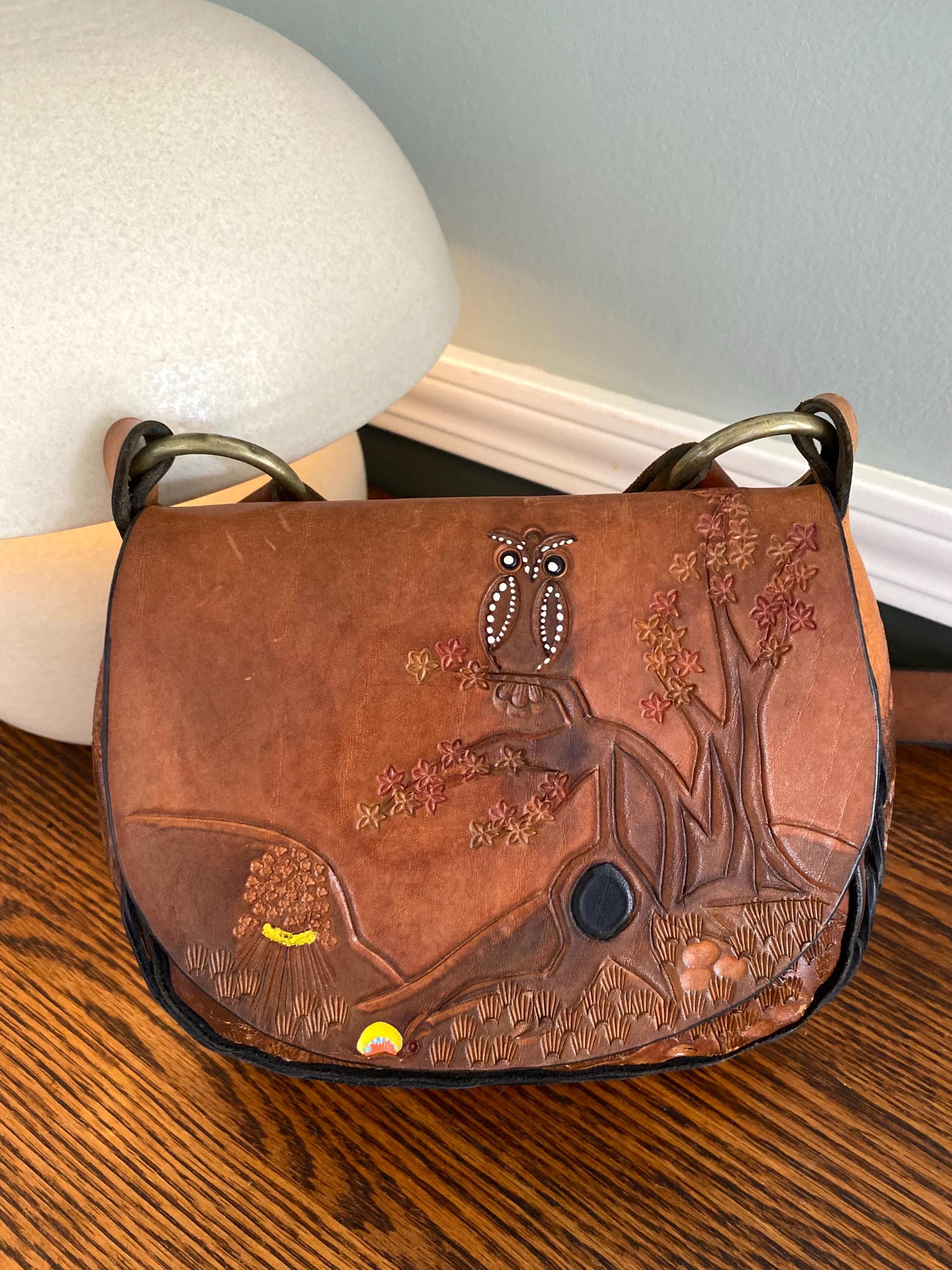 Vintage 1970s Hand Tooled Leather Purse Owl Tree Design Hippie Boho Festival Bag