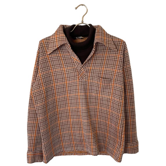 60s 70s Plaid Shirt ATTACHED TURTLENECK Polyester… - image 1