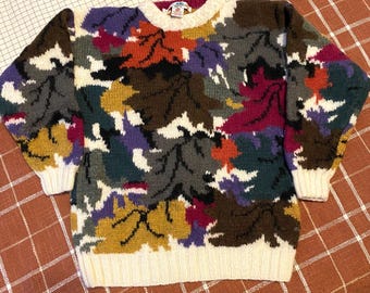 Vintage 90s Boston Trader Fall Wool Sweater Colorful Leaves Design Girls S