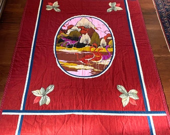 Vintage MCM Handmade Quilt Bedspread Bright Cranes Birds Maroon Wool Floral Lace Trim