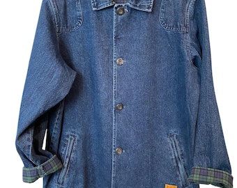 Vintage Lee Valley Denim Chore Coat Plaid Flannel Cuffs Mens Large