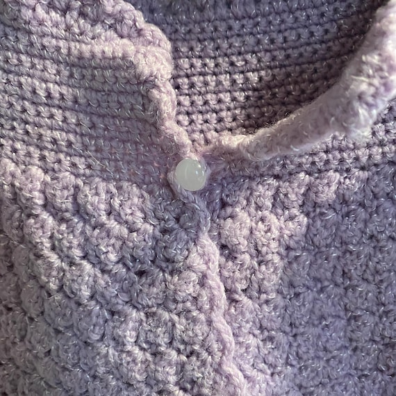 Vintage Hand Knit Crochet Lilac Purple Baby Sweater and Matching Bonnet Set Handknit Baby Sweater and Bonnet View 4