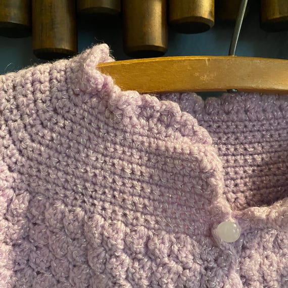 Vintage Hand Knit Crochet Lilac Purple Baby Sweater and Matching Bonnet Set Handknit Baby Sweater and Bonnet View 3