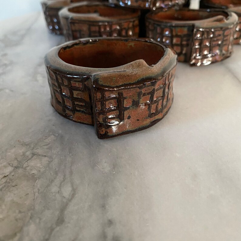 Vintage MCM Brick Design Ceramic Glazed Pottery Folk Art Napkin Rings Set of 12 image 8