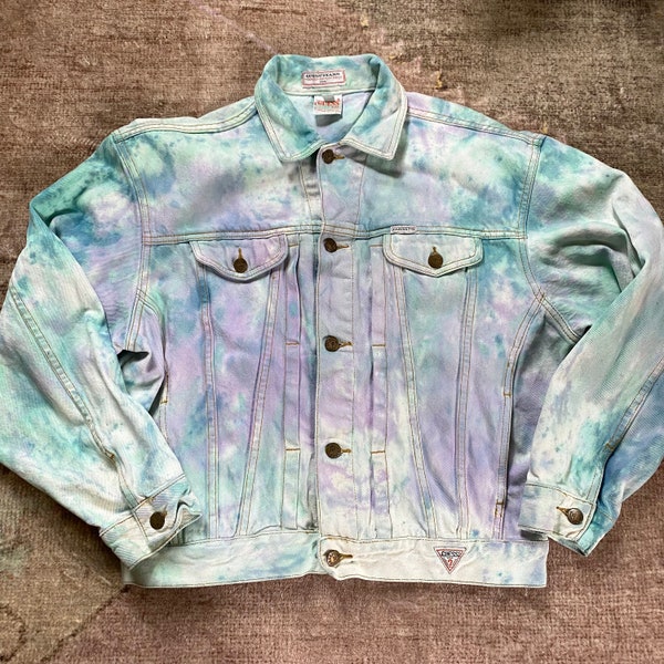 Vintage 80s 90s GUESS Tie Dye Denim Jacket Jean Jacket Purple Green Size XL