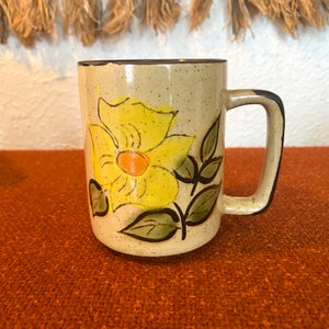 Vintage Boho Hippie Painted Floral Coffee Mug Yellow Flower Mug