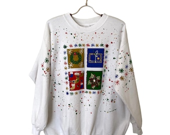 Vintage 90s India Ink Hand Painted Christmas Sweatshirt Ugly Sweater Jewels Glitter