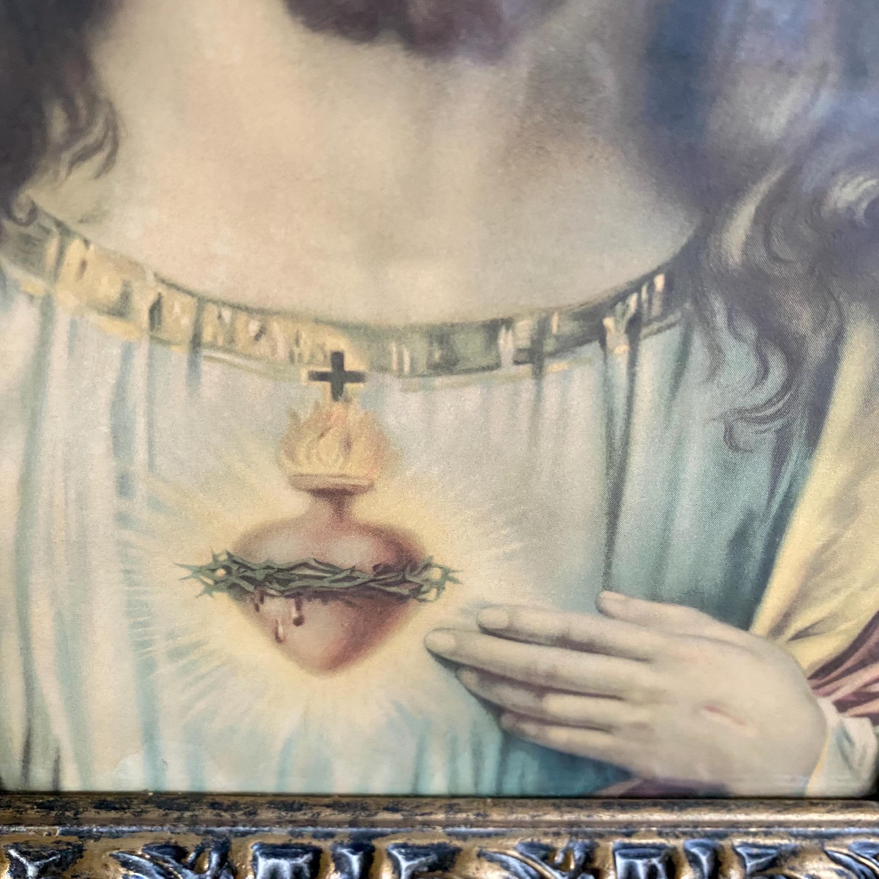 Vintage Jesus Portrait Sacred Heart Print With Ornate Gold Wood Frame ...