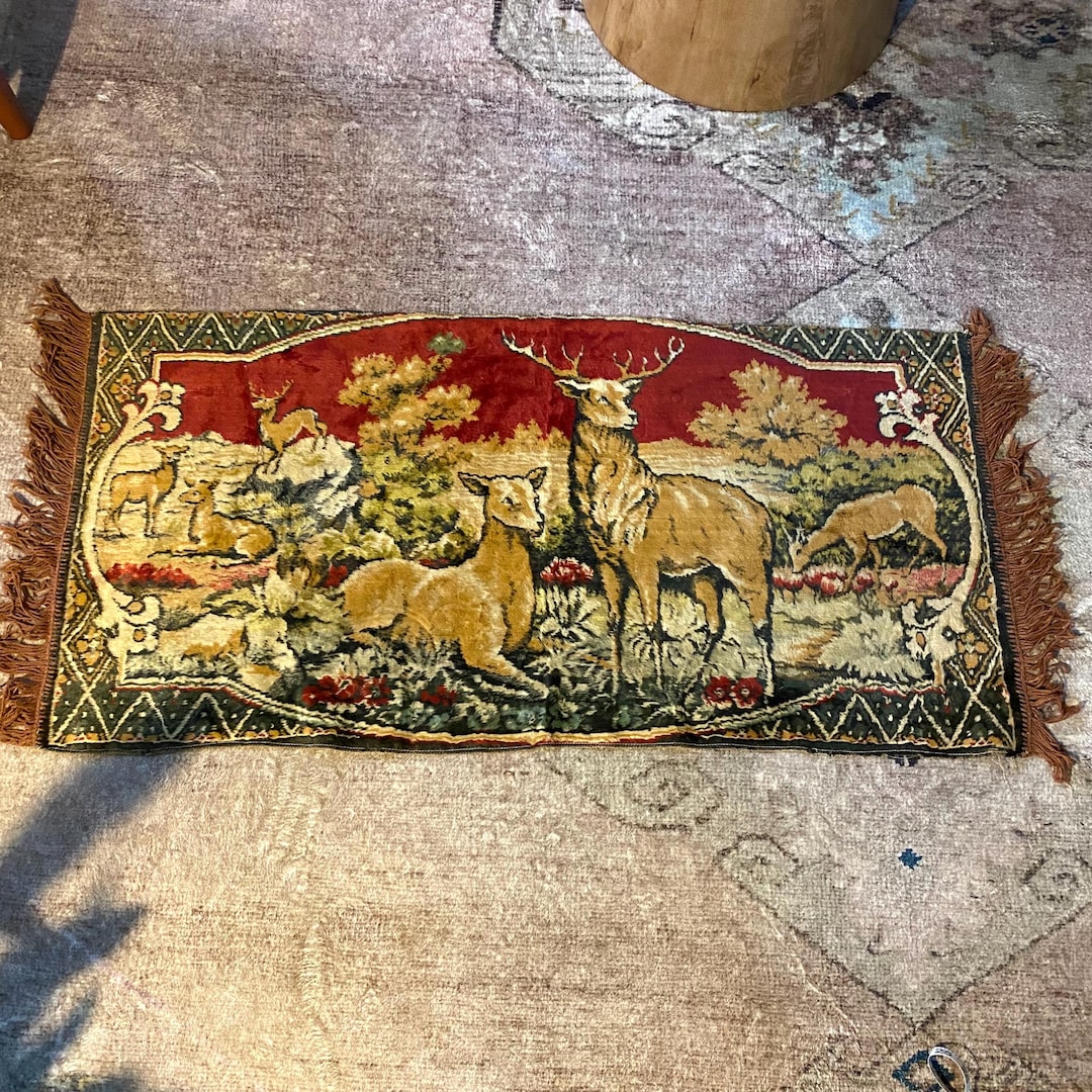 Deer and Stag Velvet Tapestry - Wall Hanging - Rug Plush - Red Fringe ...