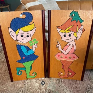 Vtg MCM Pair of Pebble Gravel Rock Art Pictures Wall Hangings Pixie Elves Sprites - MCM Christmas Wall Art - Gravel Art