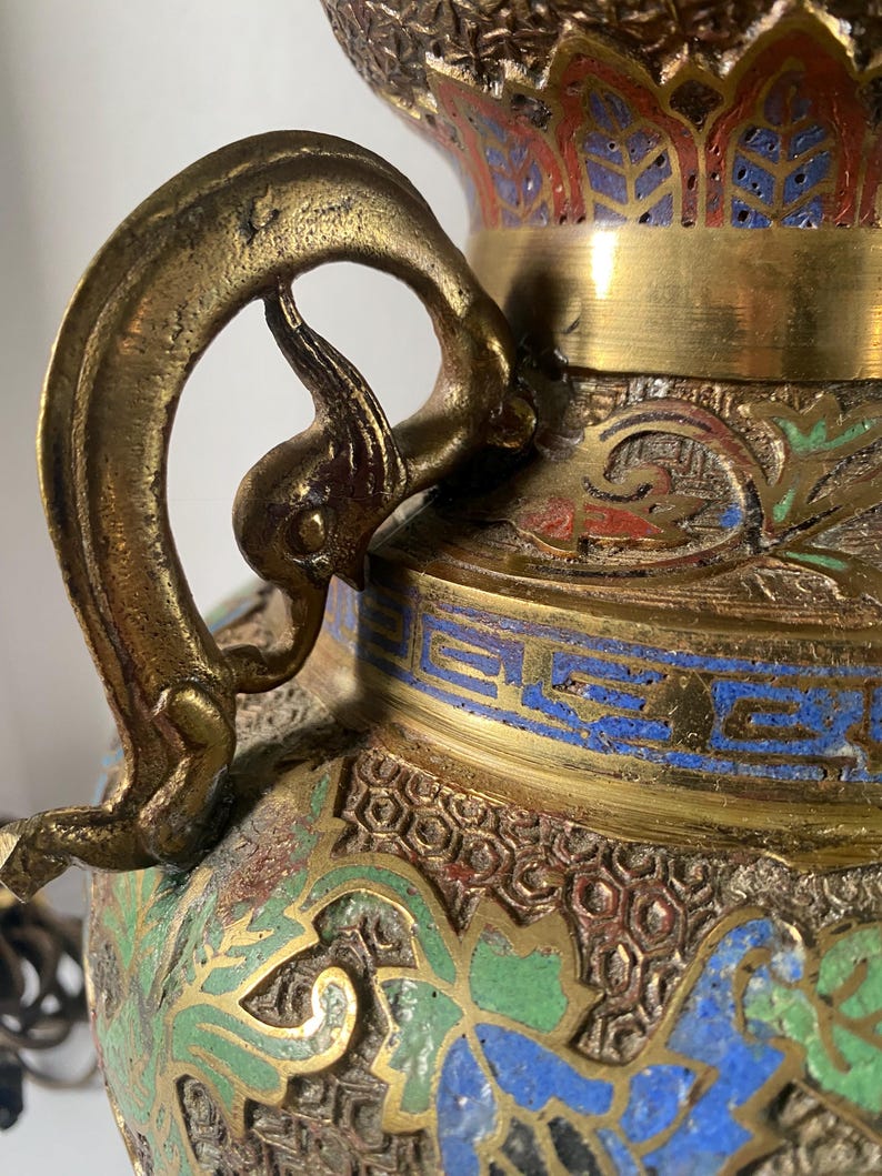 Vintage Asian Etched Brass & Champleve Enamel Urn Vase Lamp Cloisonné ...